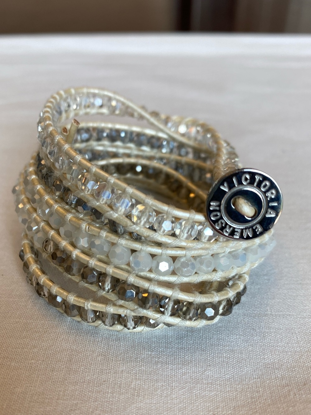 NWOT Victoria Emerson 5-Layer Wrap Bracelet - Cream & Silver with Dust Bag